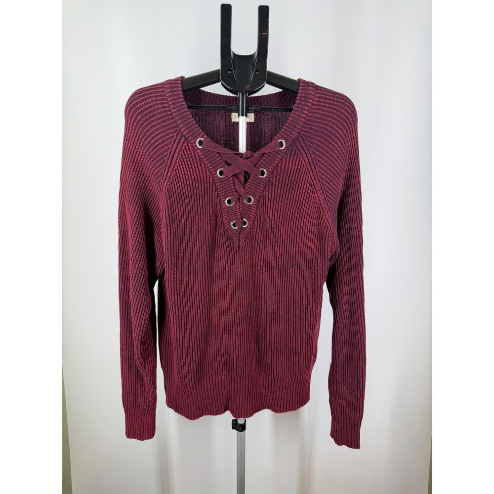 Umgee USA Womens Burgundy Ribbed Lace Up V-Neck Sweater Maroon Large